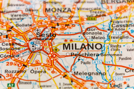 Milano, Lombardy region, Italy on a road map.の写真素材