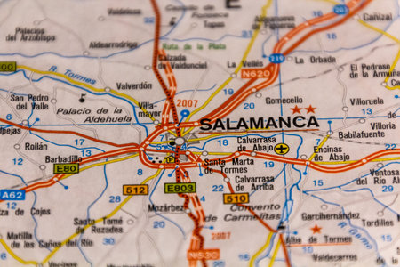 Salamanca, Spain on a road mapの写真素材
