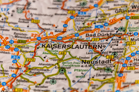 Kaiserslautern, Rhineland-Palatinate state, Germany on a road mapの写真素材