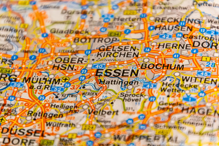 Essen, North Rhine-Westphalia, Germany on a road mapの写真素材