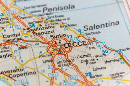 Lecce, Italy on a road map.の写真素材