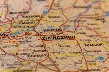 Zhengzhou, Henan province, China on a road map.の写真素材
