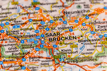 Saarbrucken, Saarland state, Germany on a road mapの写真素材