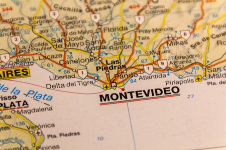 Montevideo, Uruguay on a road map