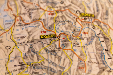 Potosi, Bolivia on a road mapの写真素材