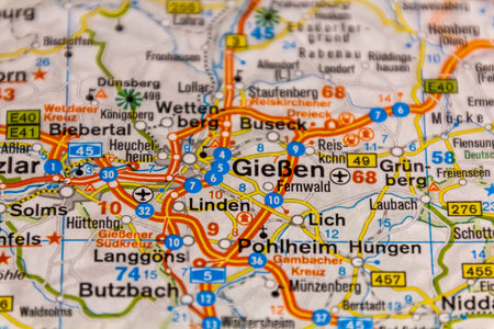 Giessen, Hesse, Germany on a road mapの写真素材