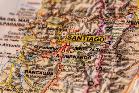 Santiago, capital of Chile on a road mapの写真素材
