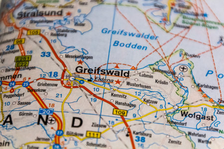Greifswald, Mecklenburg-Vorpommern state, Germany on a road mapの写真素材