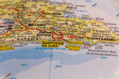 Santiago de Cuba, Cuba on a road mapの写真素材