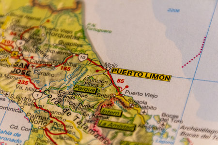 Puerto Limon, Costa Rica on a road mapの写真素材