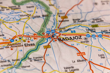 Badajoz, Extremadura, Spain on a road mapの写真素材