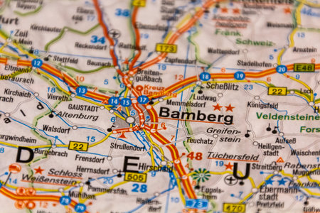 Bamberg, Bavaria state, Germany on a road mapの写真素材
