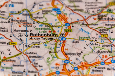 Rothenburg ob der Tauber, Bavaria state, Germany on a road mapの写真素材