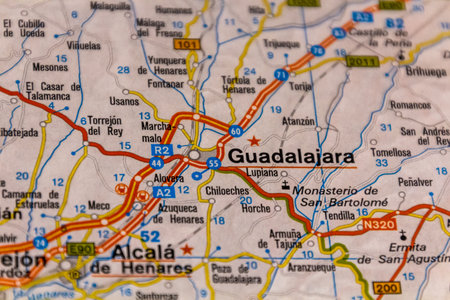 Guadalajara ,Castilla-La Mancha, Spain on a road mapの写真素材