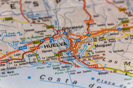 Huelva, Andalusia, Spain on a road mapの写真素材