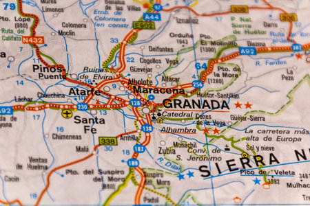 Granada, Andalusia, Spain on a road mapの写真素材