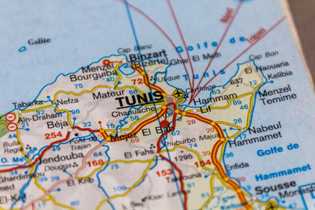 Tunis, Tunisia on a road mapの写真素材