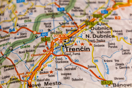 Trencin, Slovakia on a road mapの写真素材