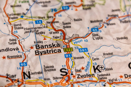 Banska Bystrica, Slovakia on a road mapの写真素材