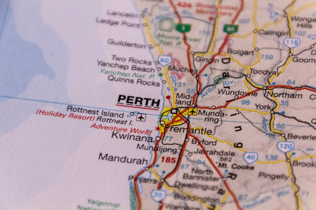 Perth, Australia on a road map.の写真素材