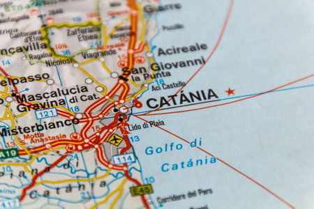 Catania, Sicily, Italy on a road map.の写真素材