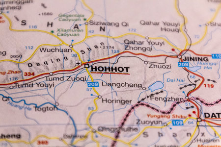 Hohhot, China on a road map.の写真素材