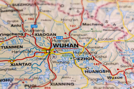 Wuhan, China on a road map.の写真素材