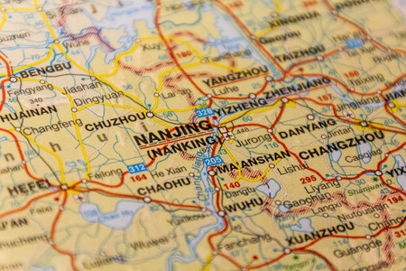 Nanjing (Nanking), Jiangsu province, China on a road map.の写真素材