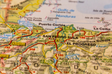 San Pedro Sula, Honduras on a road mapの写真素材