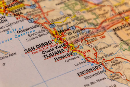San Diego, USA and Tijuana, Mexico on a road mapの写真素材