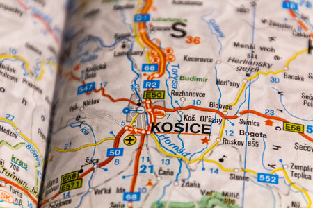Kosice, Slovakia on a road mapの写真素材