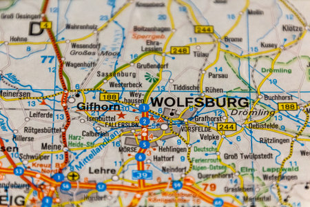 Wolfsburg, Lower Saxony state, Germany on a road mapの写真素材