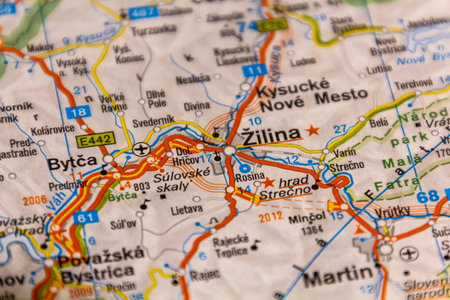 Zilina, Slovakia on a road mapの写真素材