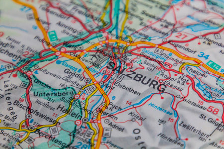 Salzburg, Austria, on a road mapの写真素材