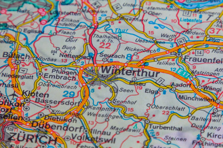 Winterthur, Switzerland, on a road mapの写真素材