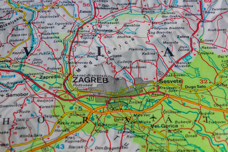 Zagreb, Croatia, on a road mapの写真素材