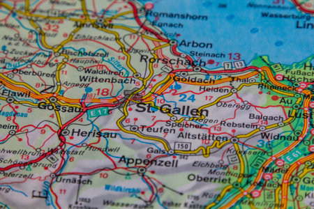 St Gallen, Switzerland, on a road mapの写真素材