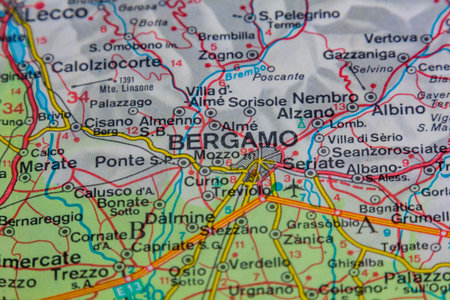 Bergamo, Italy, on a road mapの写真素材