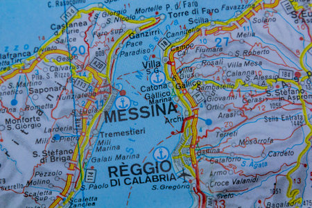 Messina and Reggio di Calabria, Italy, on a road mapの写真素材