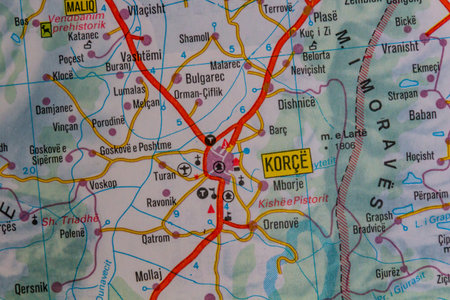 Korce, Albania, on a road mapの写真素材
