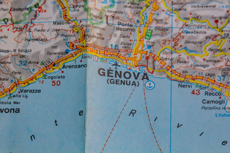 Genoa, Italy, on a road mapの写真素材