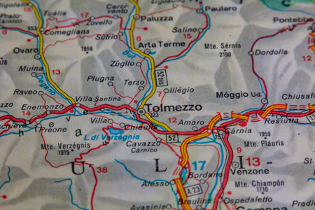 Tolmezzo, Italy, on a road mapの写真素材