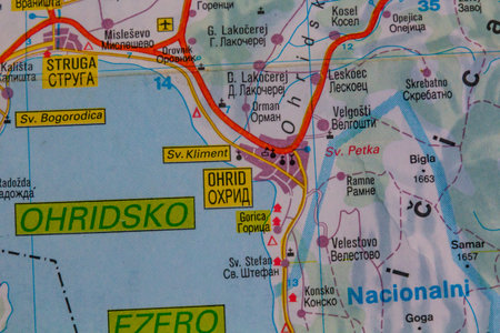 Ohrid, North Macedonia, on a road mapの写真素材
