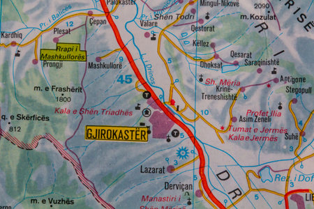 Gjirokaster, Albania, on a road mapの写真素材