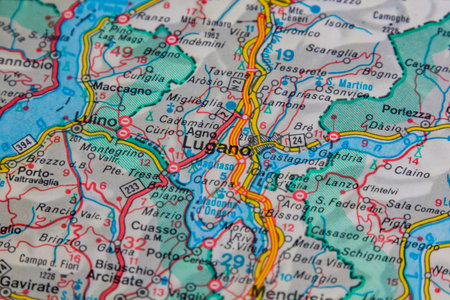 Lugano, Switzerland, on a road mapの写真素材