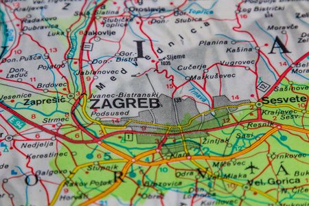 Zagreb, Croatia, on a road mapの写真素材