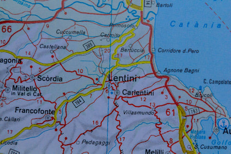 Lentini, Italy, on a road mapの写真素材