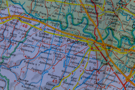 Piacenza, Italy, on a road mapの写真素材