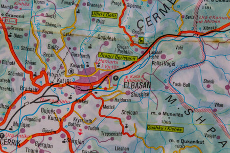 Elbasan, Albania, on a road mapの写真素材