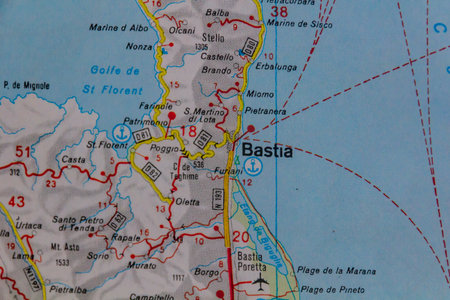 Bastia on Corsica island, France, on a road mapの写真素材